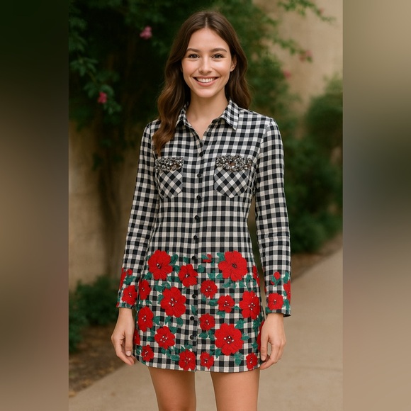 Philipp Plein XS Gingham Shirt Dress with Red Floral Embroidery & Beaded Pockets - Picture 1 of 9